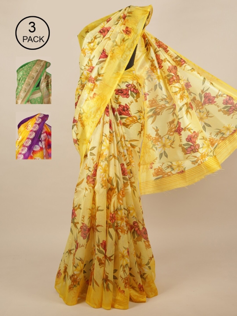 

Pothys Pack of 3 Jute Silk Printed Sarees, Yellow