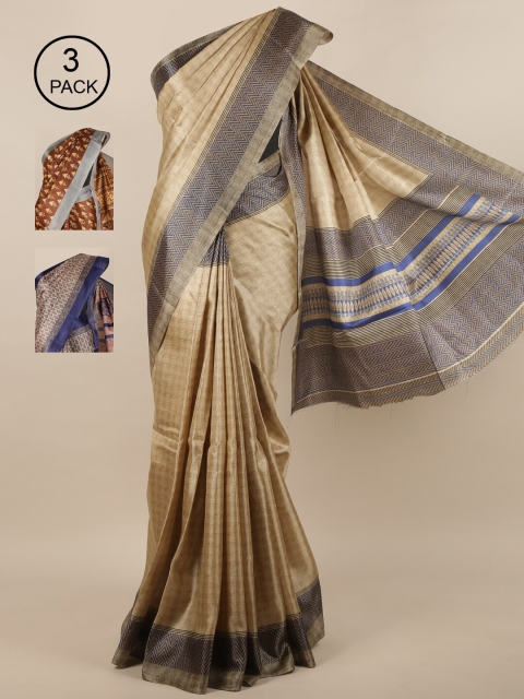 

Pothys Pack of 3 Ethnic Motifs Jute Silk Saree, Brown