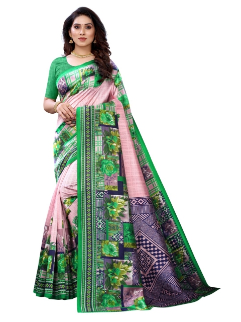 

KALINI Pink & Green Floral Poly Silk Saree