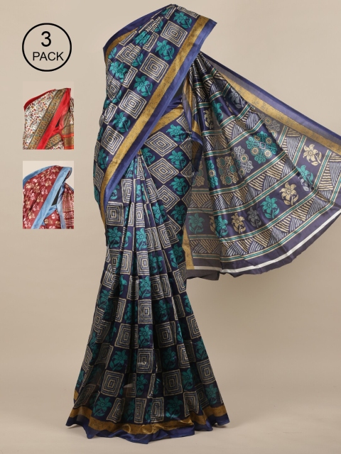 

Pothys Pack of 3 Navy Blue & Cream-Coloured Jute Silk Saree