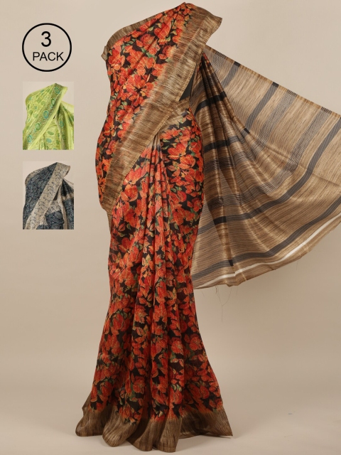 

Pothys Black & Green Pack of 3 Jute Silk Saree