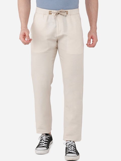 

beevee Men Beige Solid Linen Cotton Track Pants