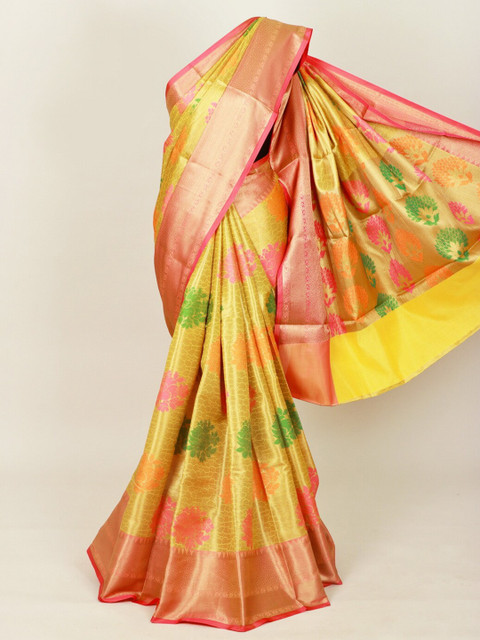 

Pothys Mustard & Pink Floral Zari Art Silk Banarasi Saree