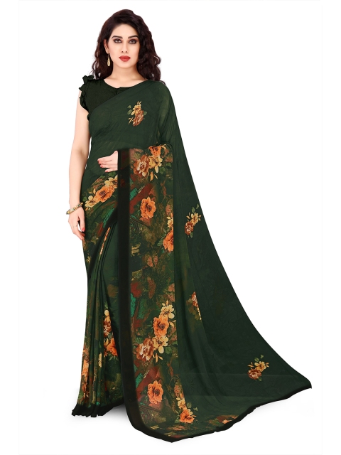 

KALINI Green & Brown Floral Poly Georgette Bagh Saree