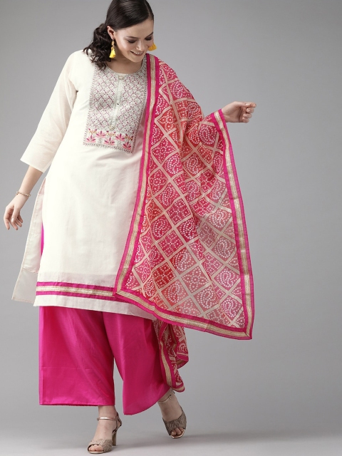 

Ishin Women Off White Ethnic Motifs Embroidered Chanderi Cotton Kurta with Palazzos & With Dupatta