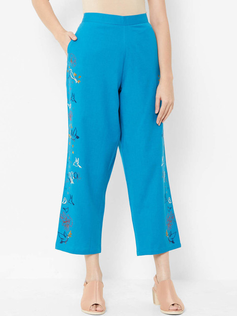 

ZOLA Women Turquoise Blue Floral Embroidered Smart Trousers