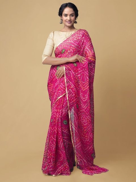 

Unnati Silks Pink & Yellow Bandhani Poly Chiffon Saree
