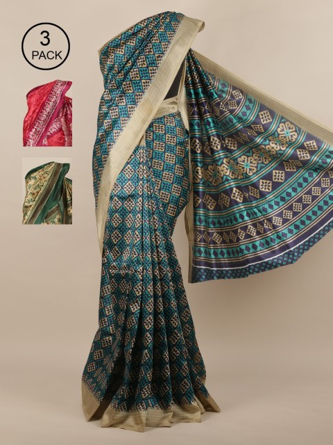 

Pothys Pack of 3 Jute Silk Printed Sarees, Navy blue