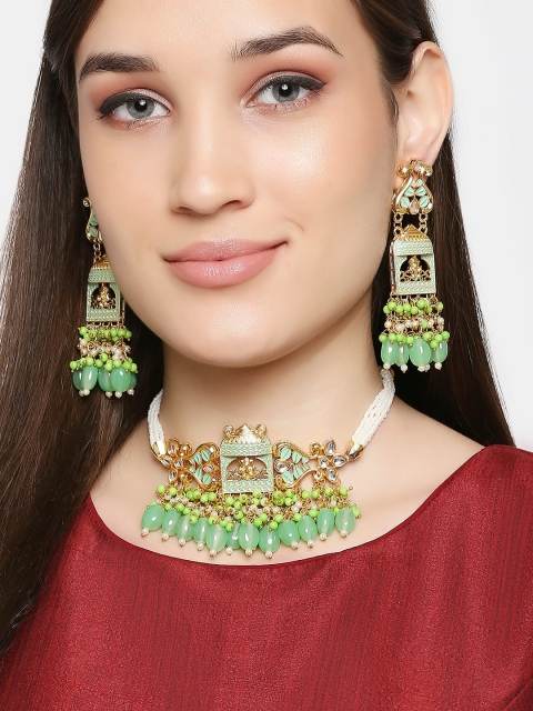 

OOMPH Gold-Plated Mint Green & White Stone-Studded & Beaded Meenakari Jewellery Set