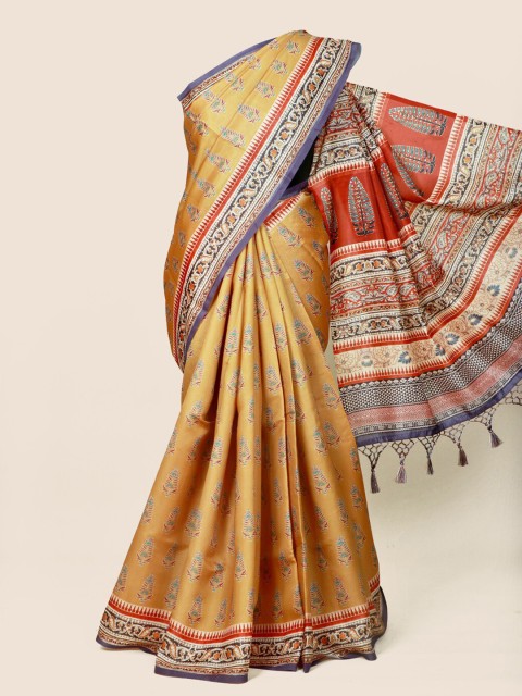 

Pothys Mustard Ethnic Motifs Linen Blend Saree