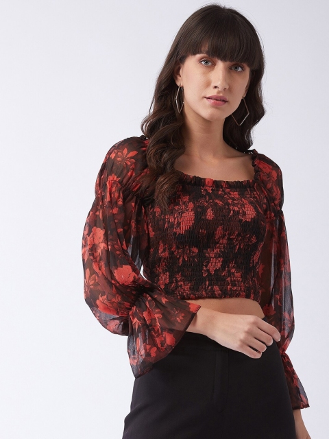

MAGRE Red Floral Bell Sleeve Georgette Regular Crop Top