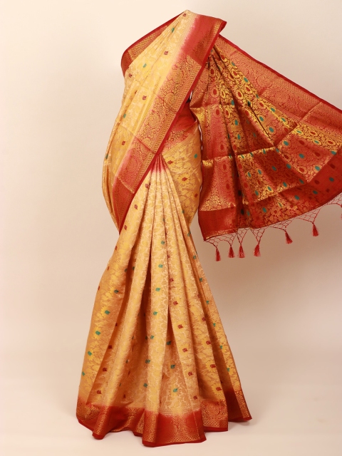 

Pothys Cream-Coloured & Gold-Toned Ethnic Motifs Zari Art Silk Banarasi Saree