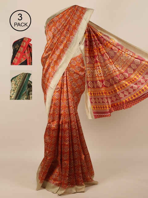 Pothys Pack of 3 Jute Silk Printed Sarees, Red