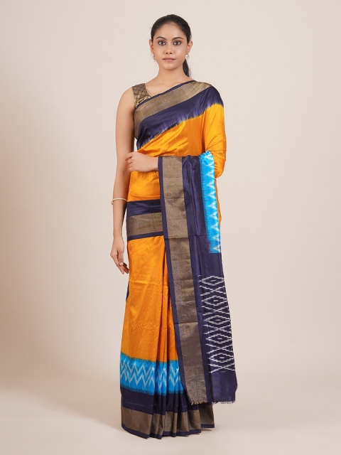 

Pothys Mustard & Blue Zari Pure Silk Kanjeevaram Saree