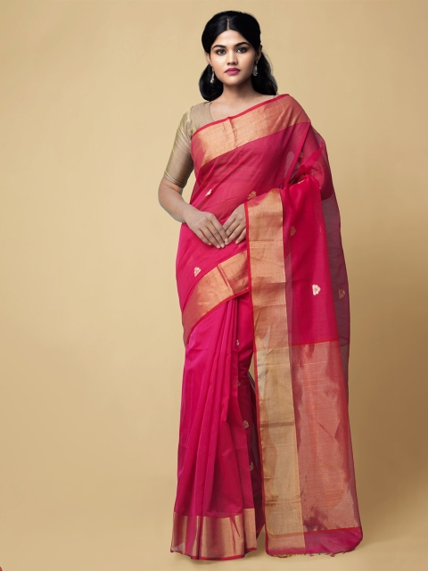 

Unnati Silks Pink & Gold-Toned Woven Design Silk Cotton Maheshwari Saree