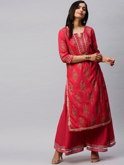 

Ishin Women Red Paisley Printed Layered Kurta with Skirt & With Dupatta