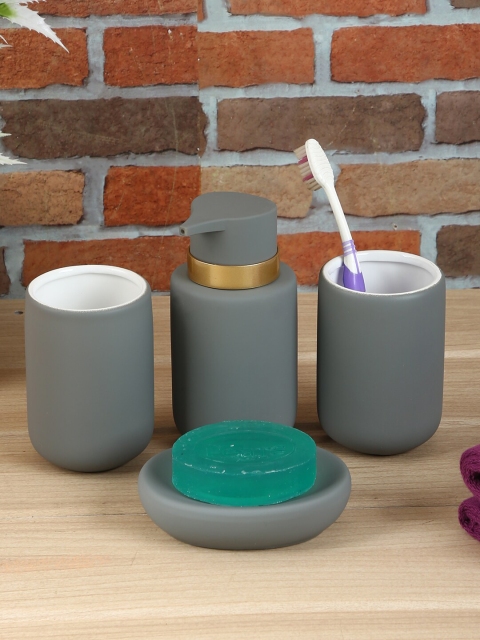 

House Of Accessories Set Of 4 Grey & White Solid Ceramic Bathroom Accessories