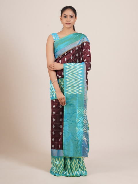 

Pothys Brown & Blue Floral Pure Silk Kanjeevaram Saree