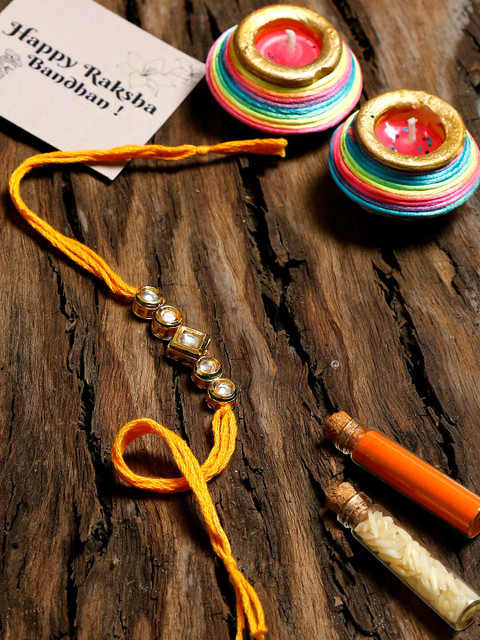 

Ruby Raang Yellow & Gold Kundan Rakhi Gift Box