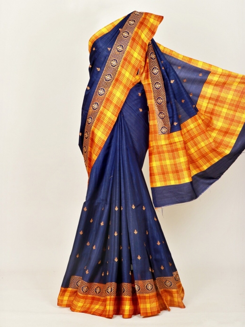 

Pothys Blue & Yellow Ethnic Motifs Embroidered Linen Blend Saree