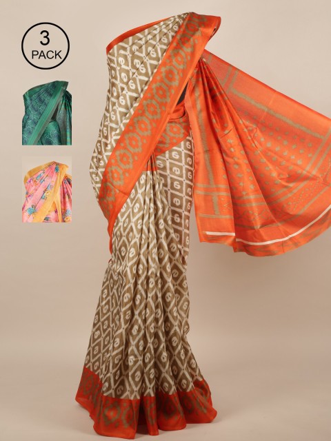 

Pothys Tan & Green Pack Of 3 Printed Jute Silk Saree