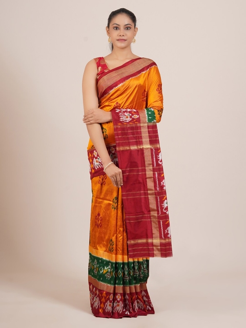 

Pothys Mustard & Red Ethnic Motifs Pure Silk Kanjeevaram Saree