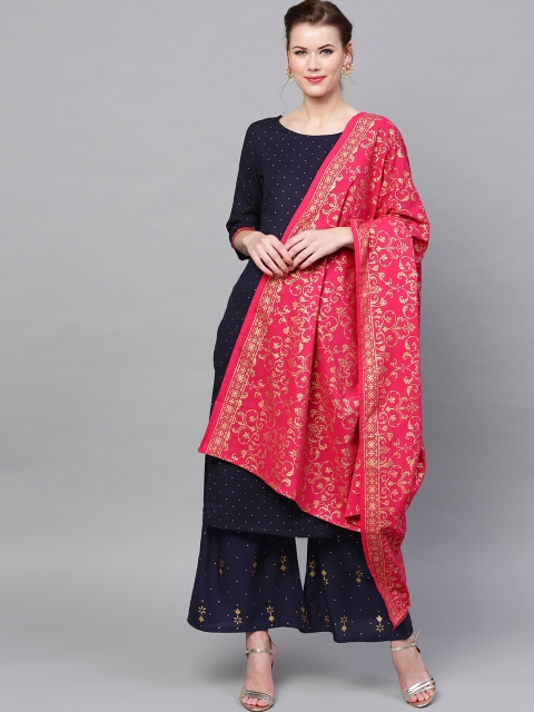 

Ishin Women Navy Blue Ethnic Motifs Printed Layered Kurta with Palazzos & With Dupatta