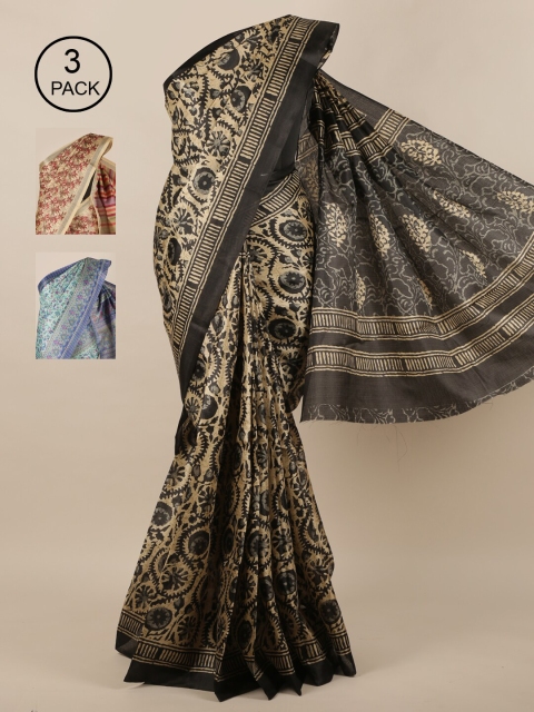 

Pothys Tan & Green Pack Of 3 Ethnic Motifs Jute Silk Saree