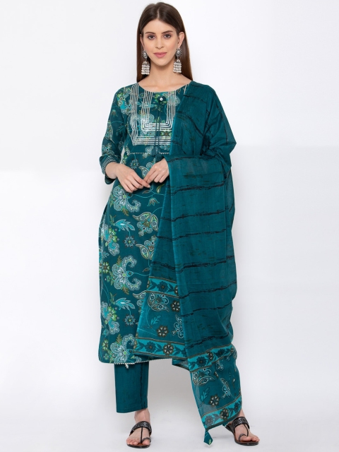 

Yuris Women Teal Printed Pure Cotton Kurti with Trousers