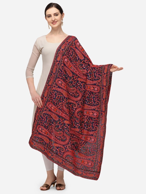 

VASTRANAND Navy Blue & Red Ethnic Motifs Embroidered Dupatta with Thread Work