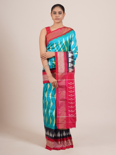 

Pothys Turquoise Blue & Pink Ethnic Motifs Pure Silk Kanjeevaram Saree