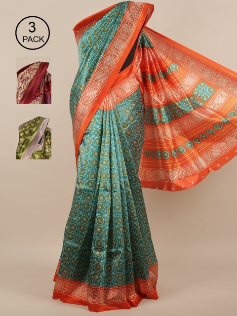 

Pothys Green & Cream-Coloured Pack of 3 Ethnic Motifs Jute Silk Saree