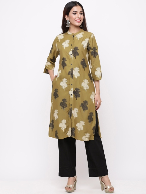 

Juniper Women Olive Floral Printed NA Liva Kurta