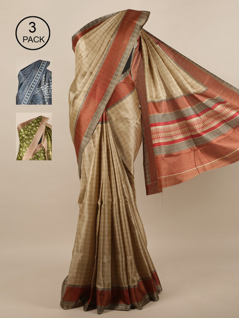 

Pothys Pack of 3 Jute Silk Saree, Tan