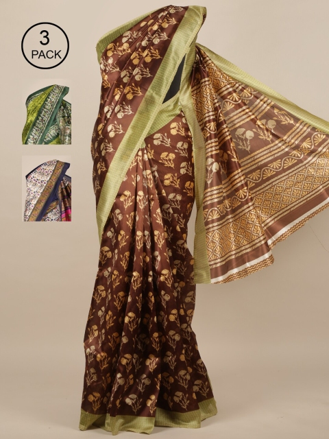 

Pothys Brown & Green Pack of 3 Floral Jute Silk Saree