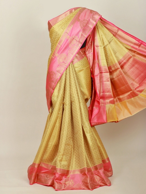 

Pothys Cream-Coloured & Peach-Coloured Ethnic Motifs Zari Art Silk Banarasi Saree