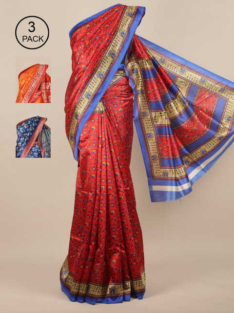 

Pothys Red & Orange Pack of 3 Printed Jute Silk Saree