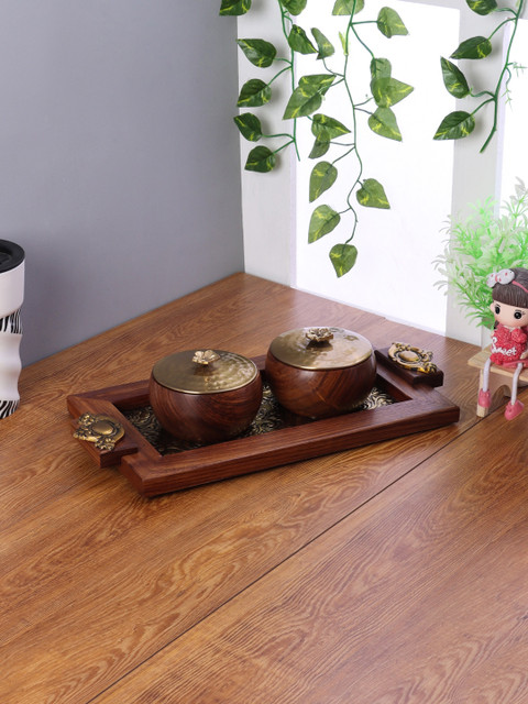 

Aapno Rajasthan Set Of 2 Brown & Copper-Toned Brass & Stainless Steel Bowls With Tray
