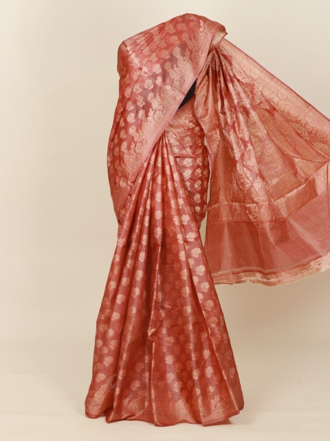 

Pothys Pink & Silver-Toned Ethnic Motifs Pure Silk Tussar Saree