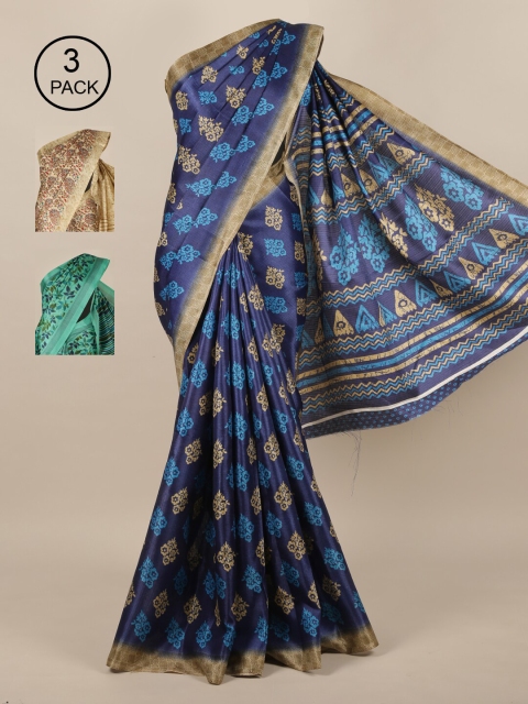 

Pothys Pack Of 3 Jute Silk Sarees, Navy blue