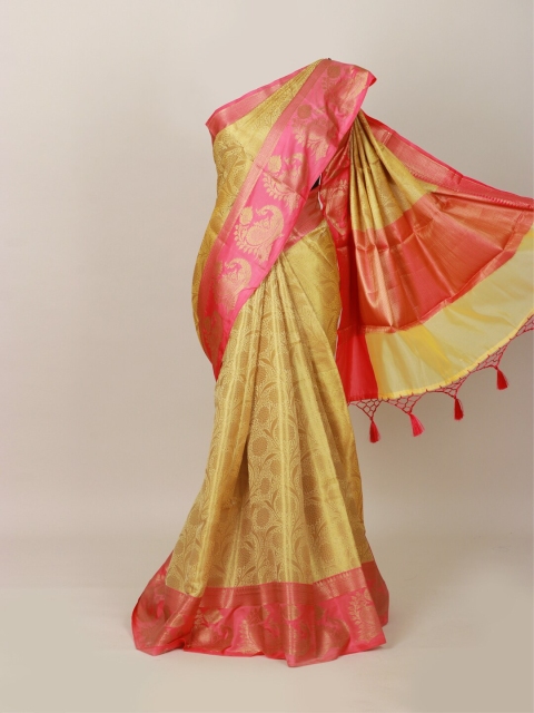 

Pothys Gold-Toned & Pink Ethnic Motifs Zari Art Silk Banarasi Saree
