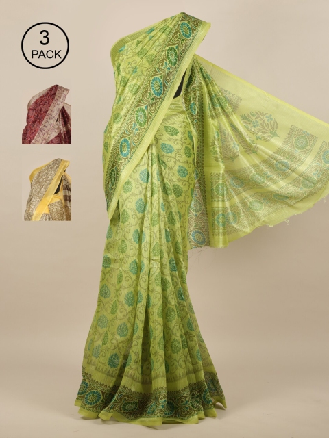 

Pothys Green & Purple Pack of 3 Ethnic Motifs Jute Silk Saree