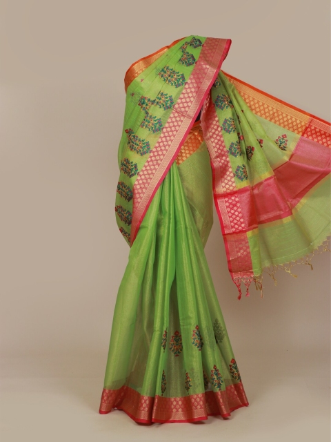 

Pothys Green & Pink Ethnic Motifs Art Silk Banarasi Saree