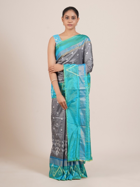 

Pothys Grey & Turquoise Blue Ethnic Motifs Pure Silk Kanjeevaram Saree