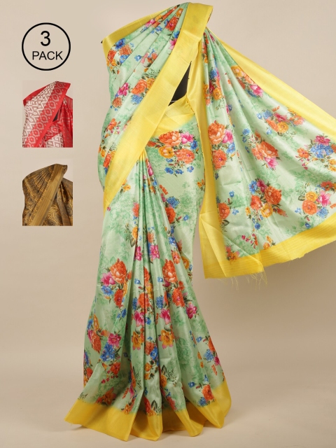 

Pothys Pack of 3 Printed Jute Silk Sarees, Green