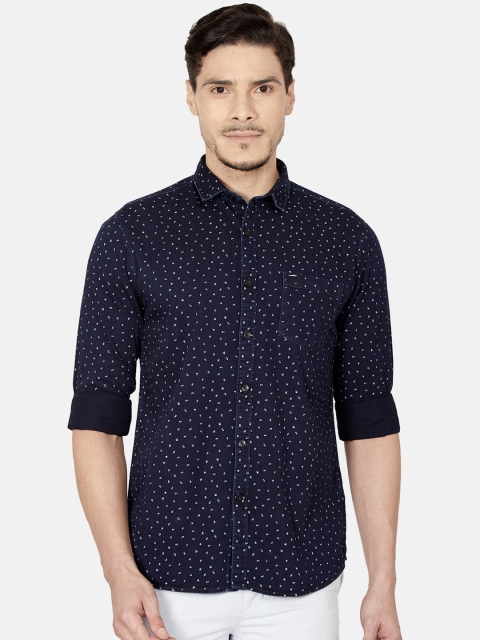 

Oxemberg Men Navy Blue Slim Fit Printed Cotton Casual Shirt