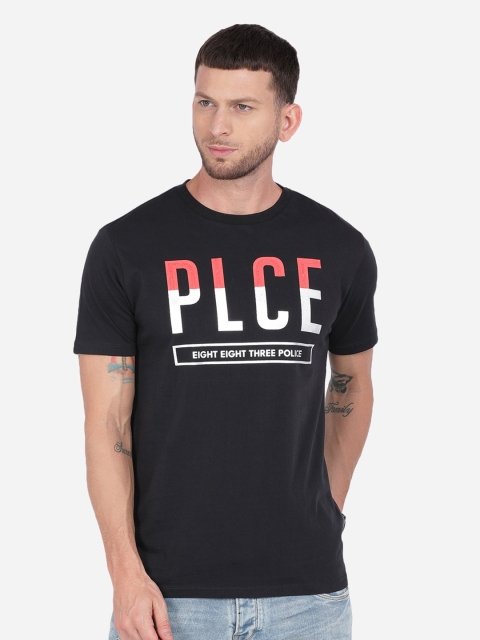

883 Police Men Black Typography Printed Applique T-shirt
