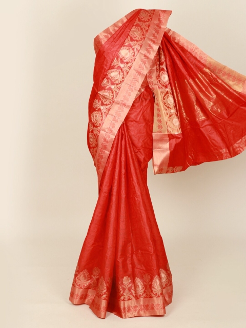 

Pothys Red & Gold-Toned Zari Pure Silk Tussar Saree