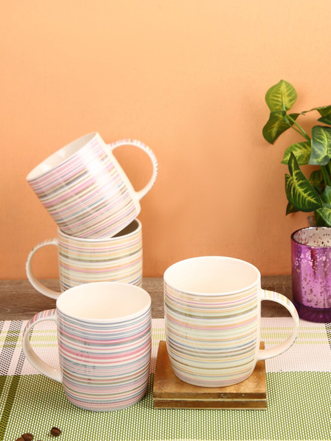 

House Of Accessories Set Of 4 White & Blue Geometric Printed Ceramic Glossy Mugs