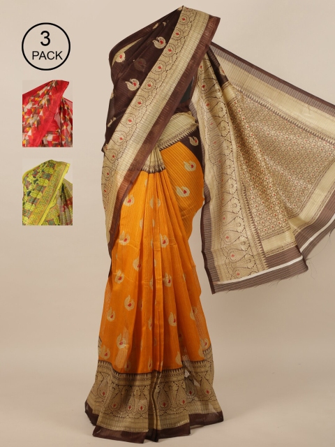 

Pothys Pack of 3 Jute Silk Printed Sarees, Brown